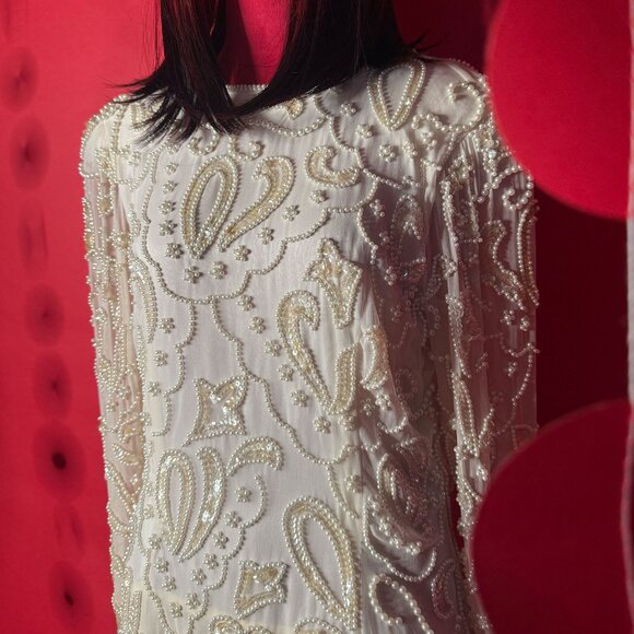 Vintage 1980s Pearl Beaded Cream Dress - Retro Bridal, Cocktail, or Evening Glam - Picture 10 of 12